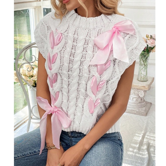 Valentines Vday Pink Bow Chunky Knit Sweater Vest - Picture 1 of 5